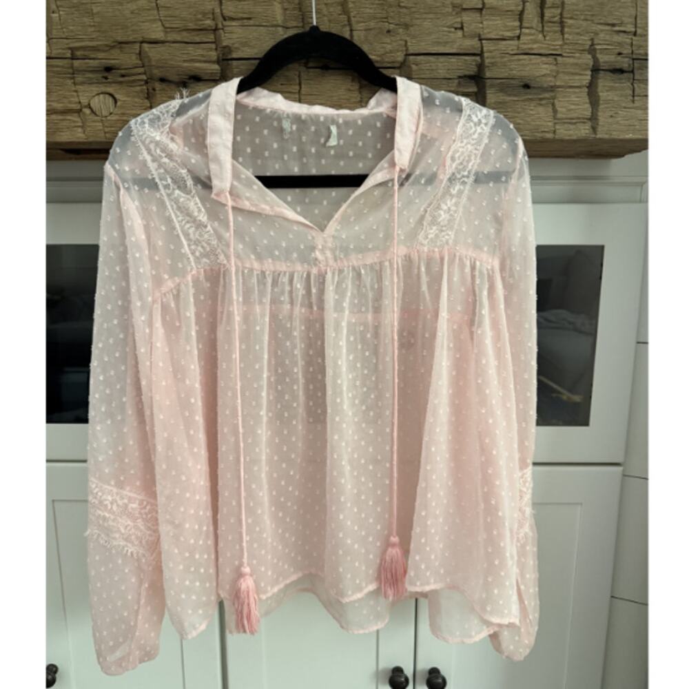 Sheer Pink Swiss Dot Boho Blouse Lace Trim Tassel Tie Bishop Sleeve No Tag